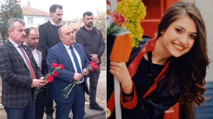 Meslektaşları Şehit Aybüke öğretmenin kabrine karanfil bıraktı